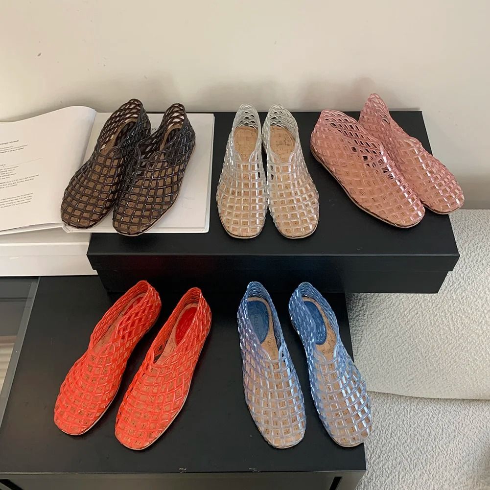 Women Mesh Jelly Ballet Flats Hollow Square Toe Summer Beach Shoes