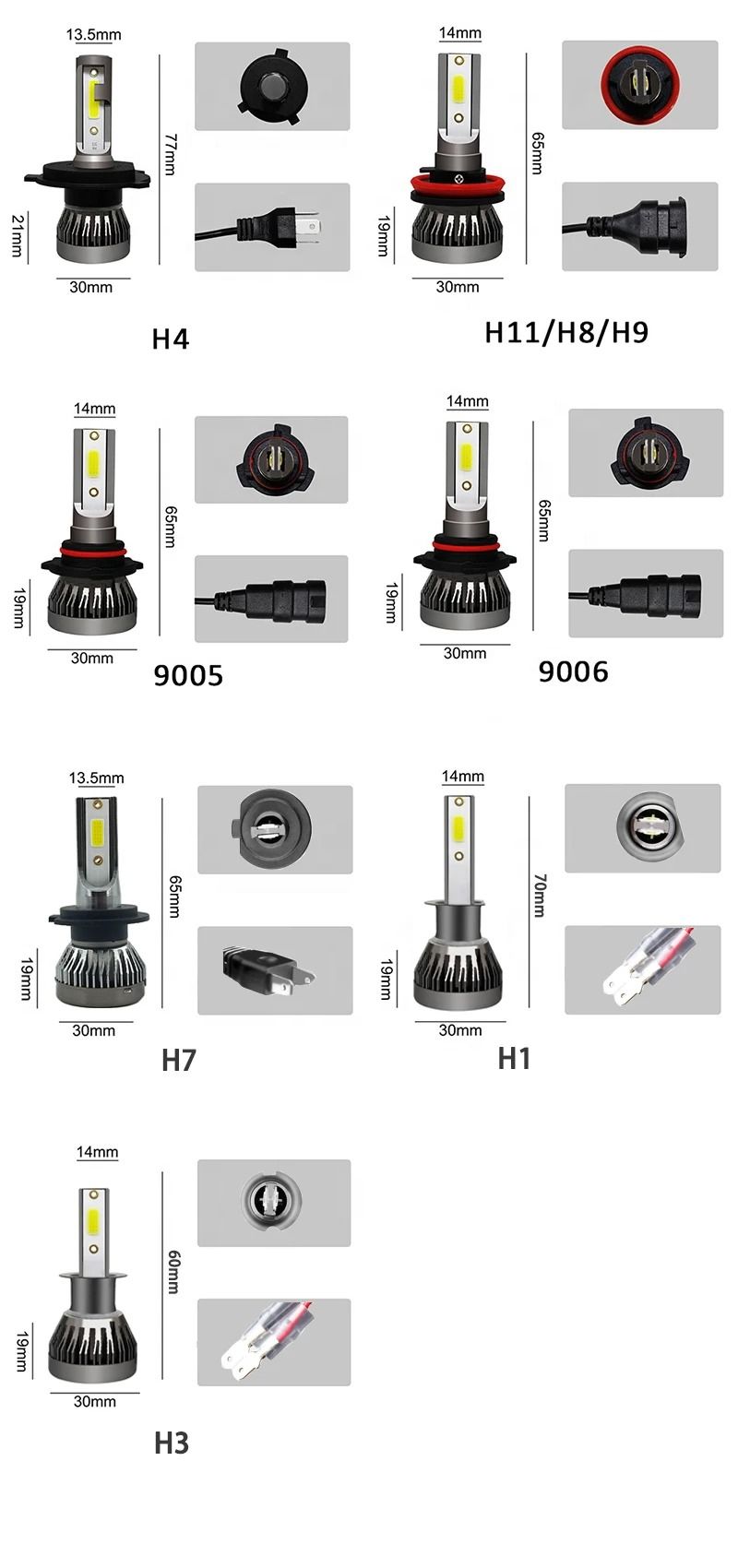 Mini LED Car Headlight Bulbs 6000LM 6000K Pair