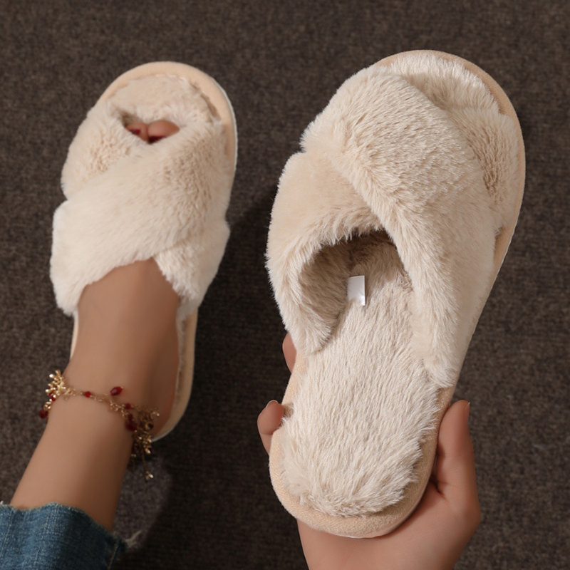 Womens Fluffy Slippers, Fashion Cross Band Soft Plush House Shoes, Cozy Furry Open Toe Indoor Outdoor Warm Slip