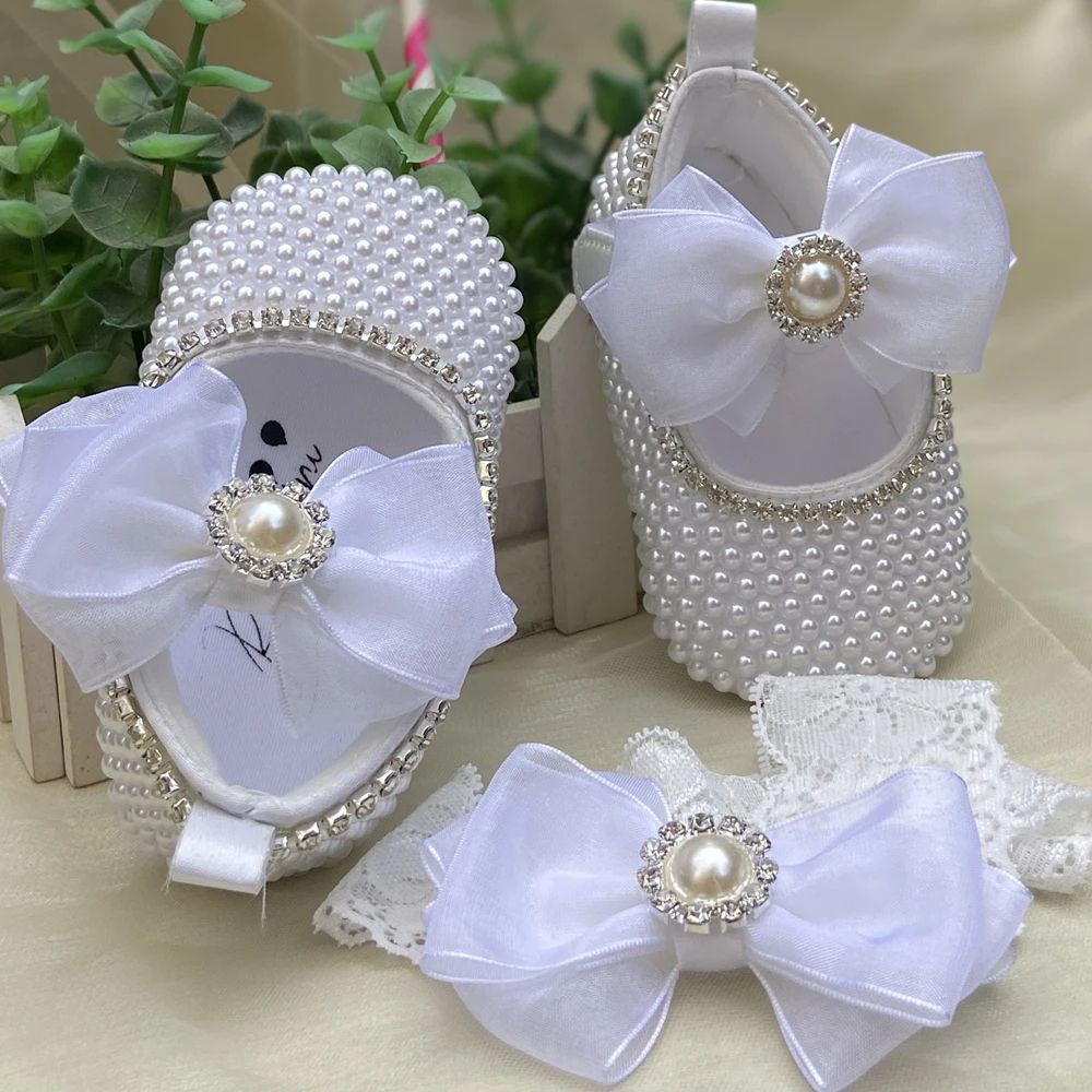 Elegant Pearl Christening Baby Shoes for Newborns (0–3 Months)
