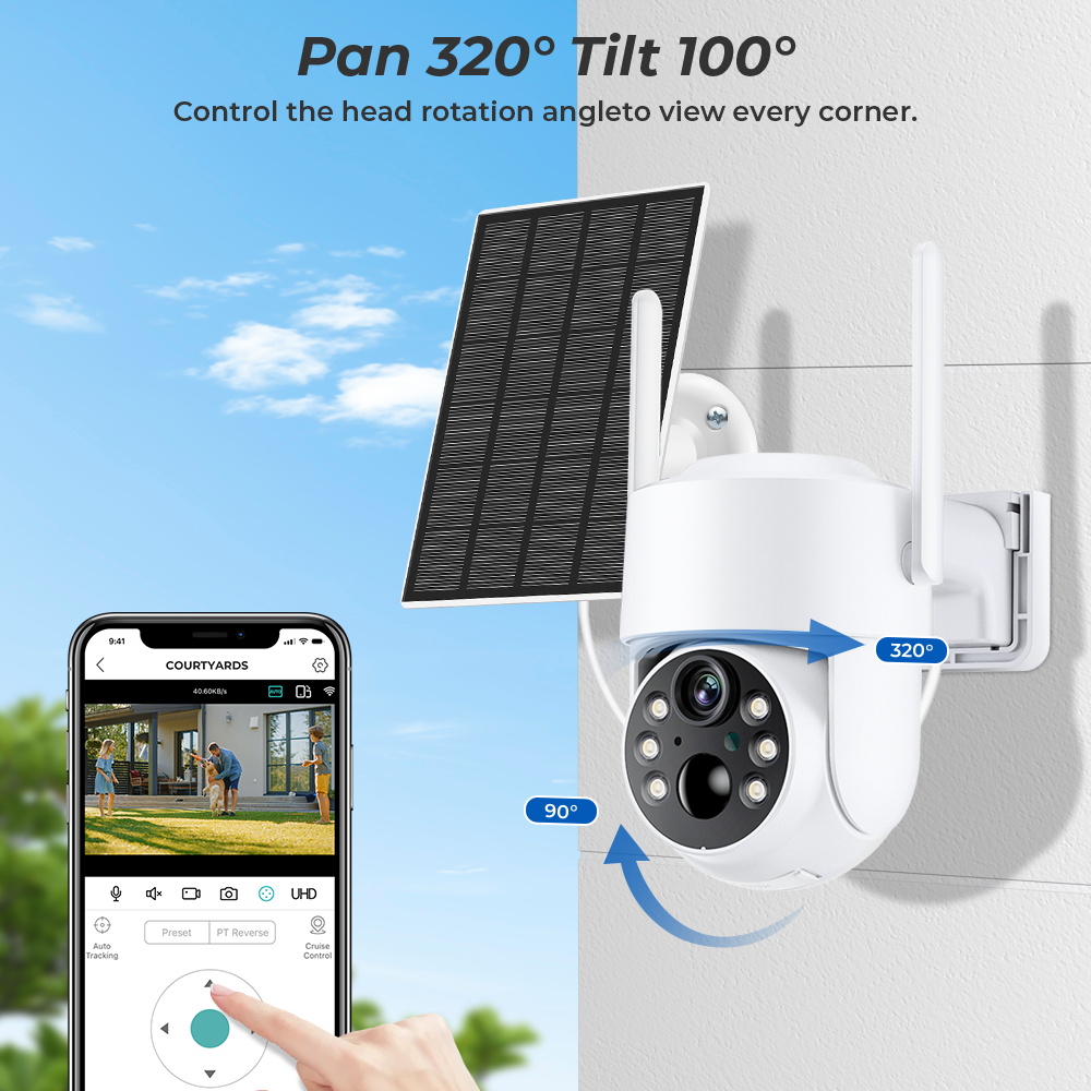Outdoor WiFi PTZ Camera, HD Wireless Solar IP Camera, Built-in Battery, Long Time Standby
