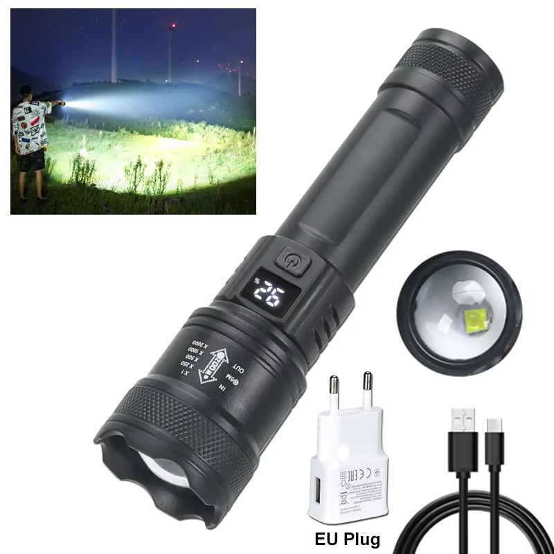 USB Rechargeable 2000LM Tactical LED Flashlight with Zoom and Display
