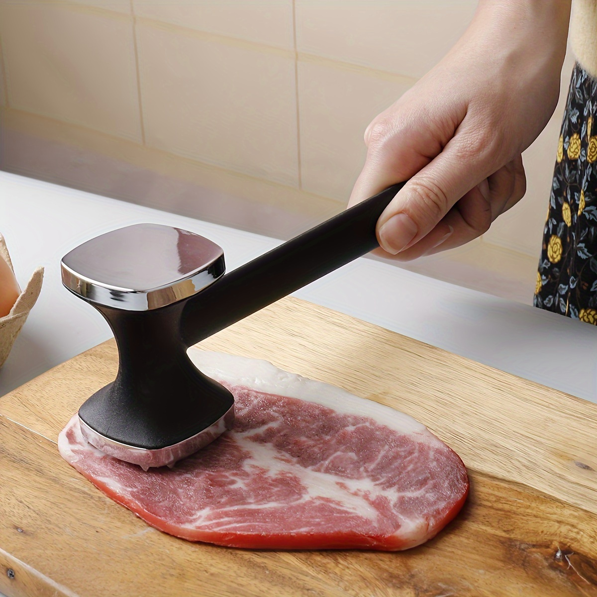 Stainless Steel Heavy Duty Kitchen Meat Tenderizer Hammer, Rubber Grip for Easy Pounding and Tenderizing