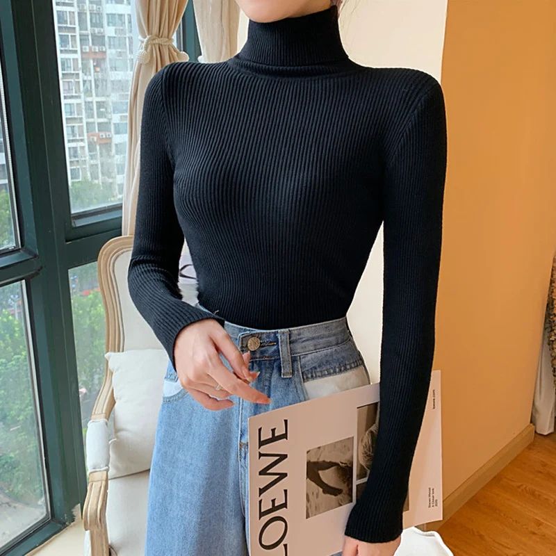 Autumn Winter Women's Ribbed Turtleneck Knit Sweater – Slim Fit Soft Warm Pullover