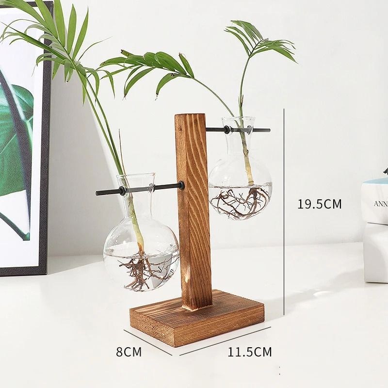Hydroponic Plant Vase with Wooden Stand
