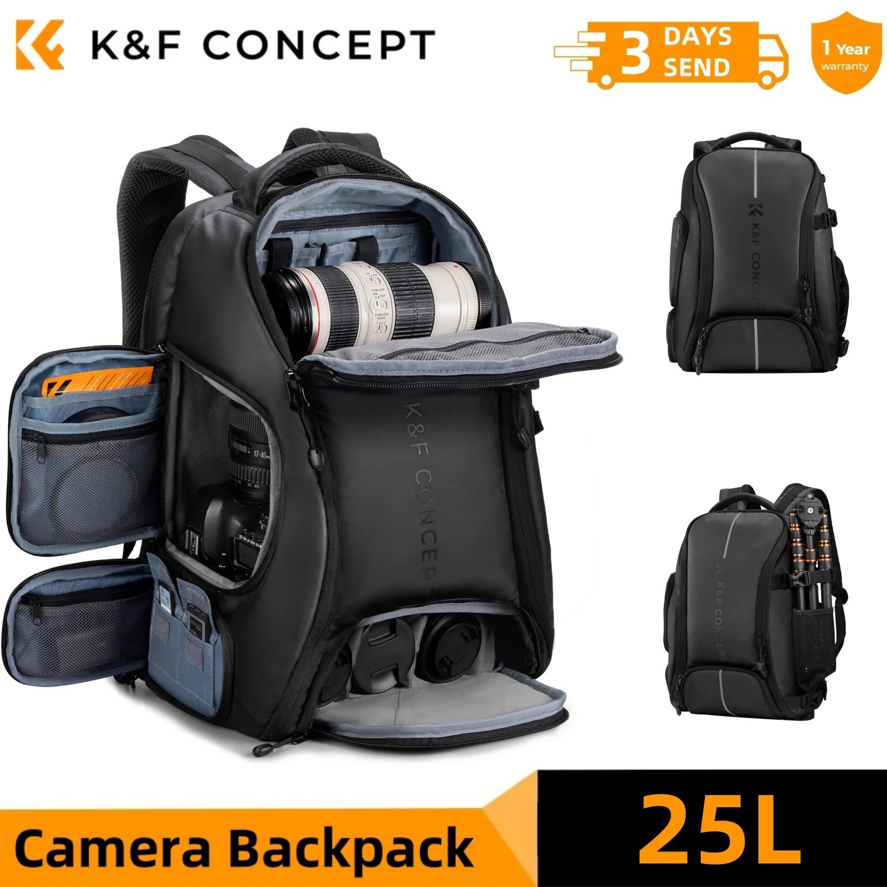 K and F Concept Large Camera Backpack 25L 32L with Laptop Sleeve Tripod Strap and Rain Cover