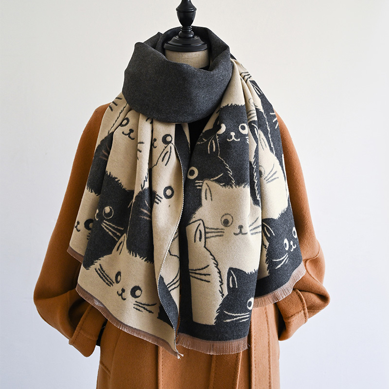 Cute Cat Ladies' Jacquard Pashmina Cashmere Scarf, Winter Thick Warm Shawl, Coldproof Windproof Blanket for Warmth