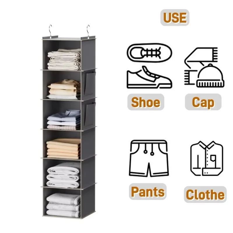 Foldable 6-Shelf Hanging Closet Organizer Storage with 2 Hooks for Shoes Caps Clothes Pants Space Saving Wardrobe