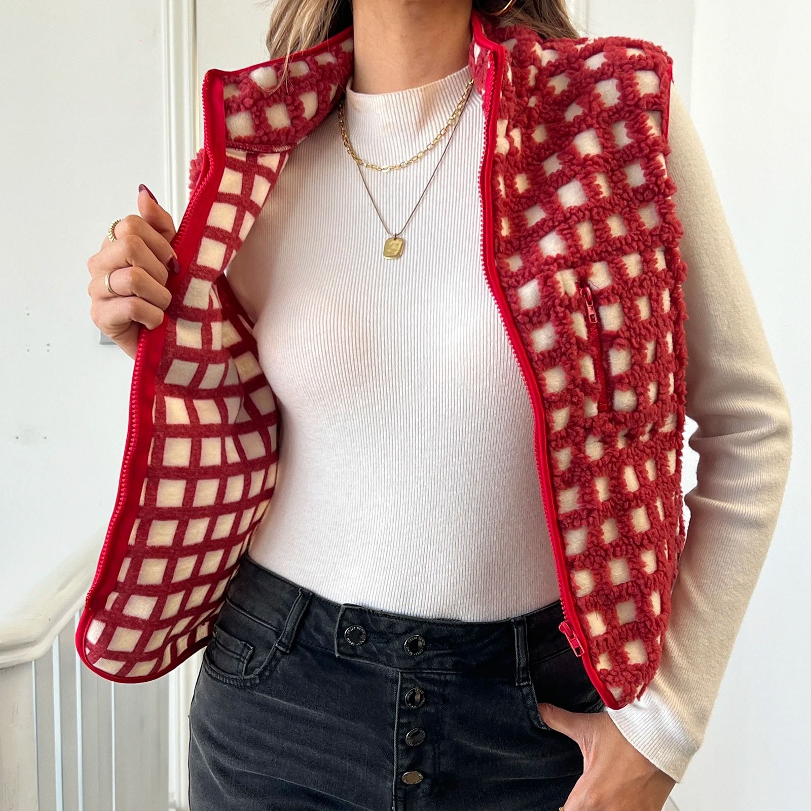 Womens Fuzzy Checkered Vest Zip Up Sleeveless Jacket Vest Warm Stand Collar Casual Outwear