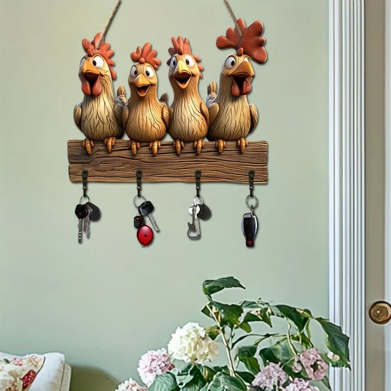 Wooden Hen Key Holder Wall Hanging Decor