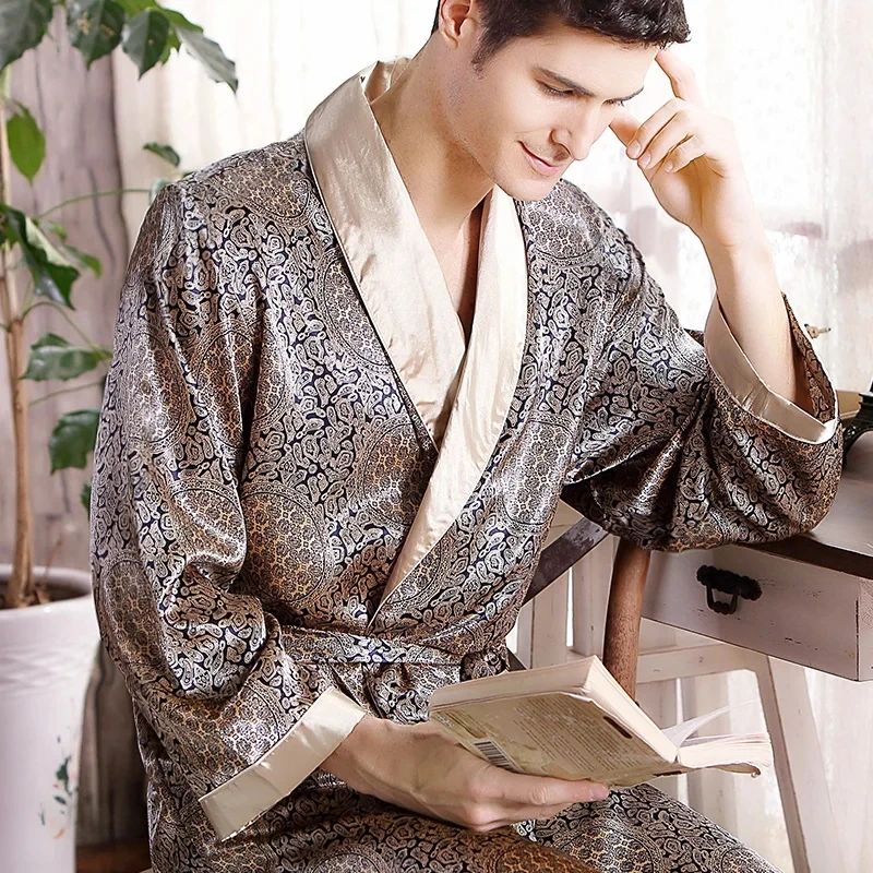 Men's Luxury Satin Silk Kimono Bathrobe Gold Print Shawl Collar Long Lounge Robe Plus Size