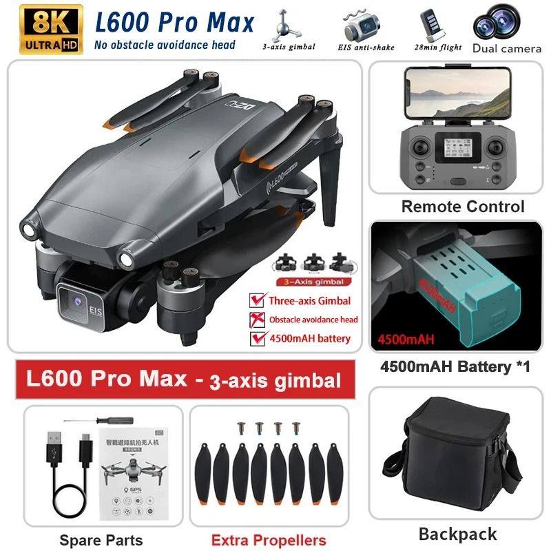 L600 PRO MAX 2025 GPS Drone with 4K HD Dual Camera, 3 Axis Gimbal, Obstacle Avoidance, and 5KM Range