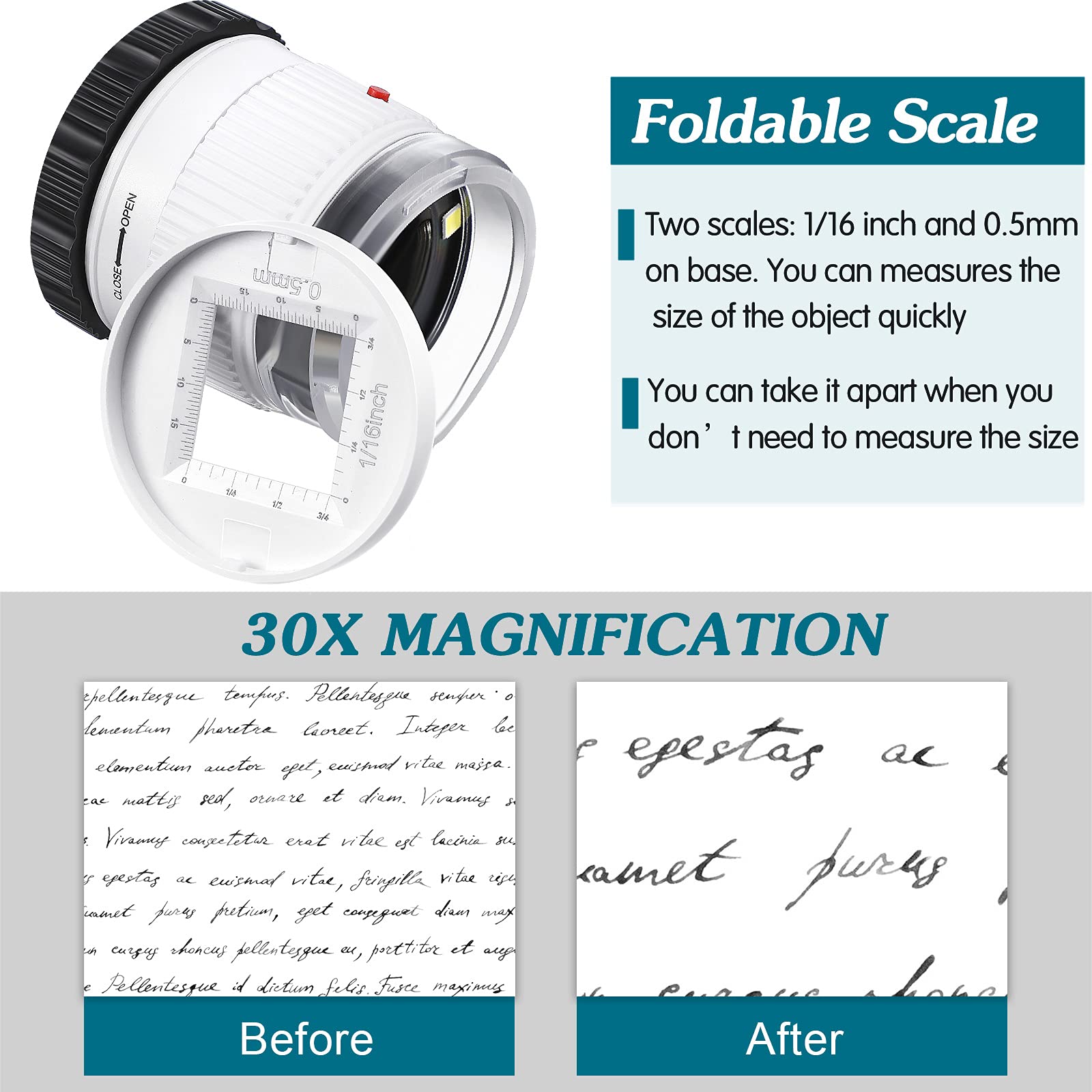 Cylindrical Handheld Magnifying Glass with Scale LED UV Light Illuminated Magnifier Adjustable Focal HD Loupe