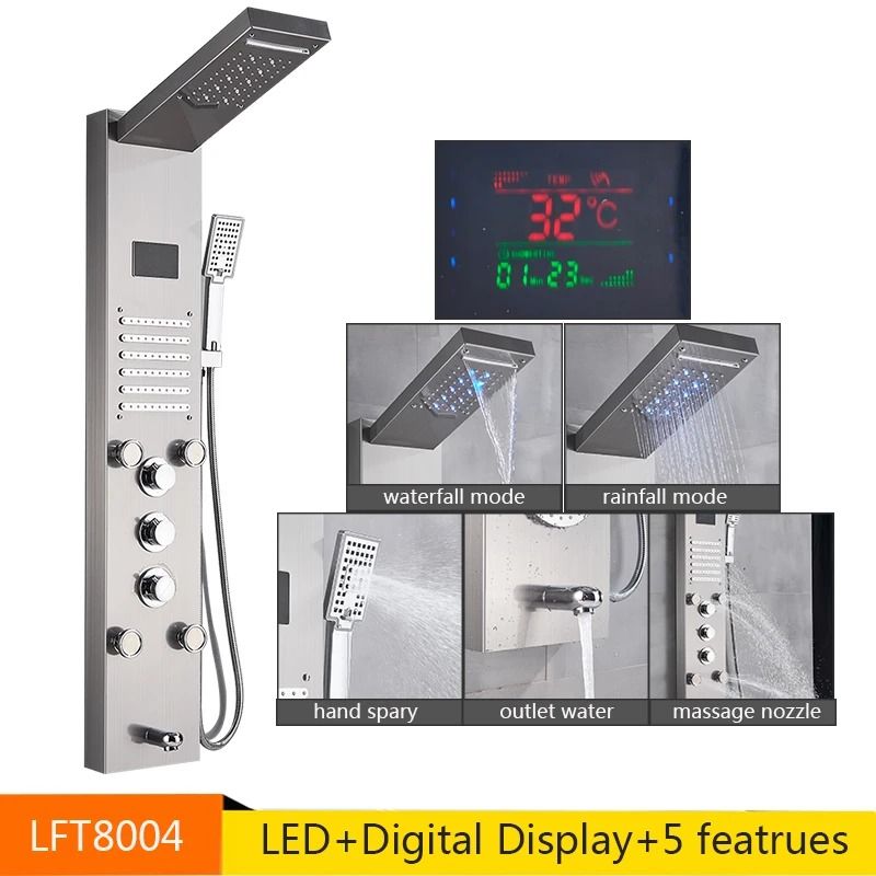 LED Rainfall Shower Panel with Digital Display and Massage Jets