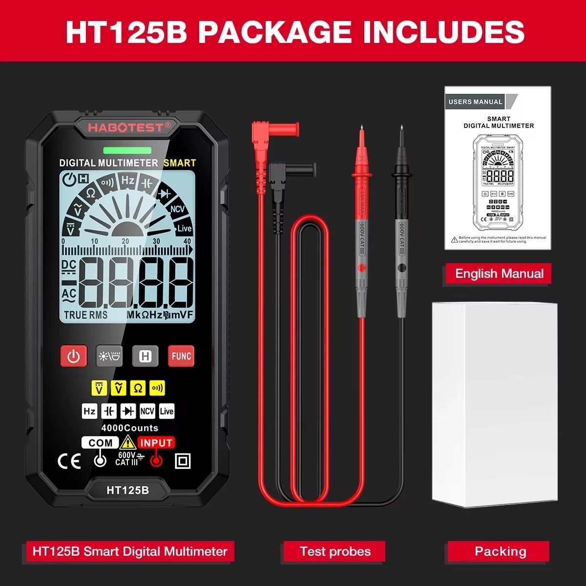 HABOTEST HT125 Smart Multimeter 600V AC DC True RMS Digital Tester