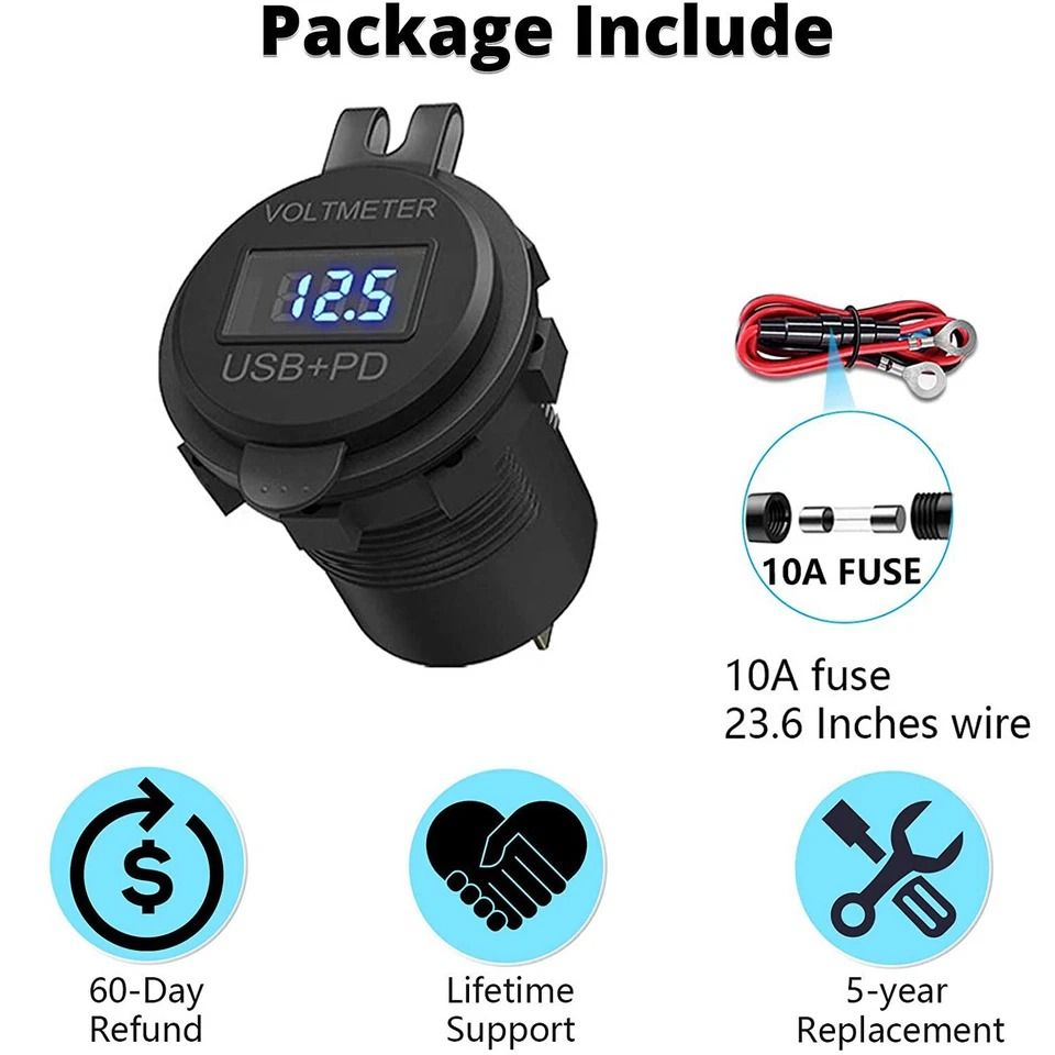 Car Fast Charger, PD QC Dual USB Power Socket Outlet with LED Voltmeter, Waterproof, Charging Power