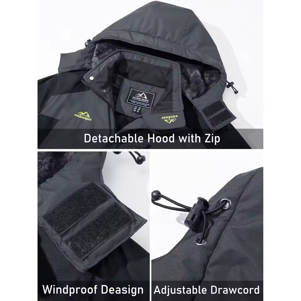 Mens Waterproof Ski Jacket with Fleece Lining and Removable Hood