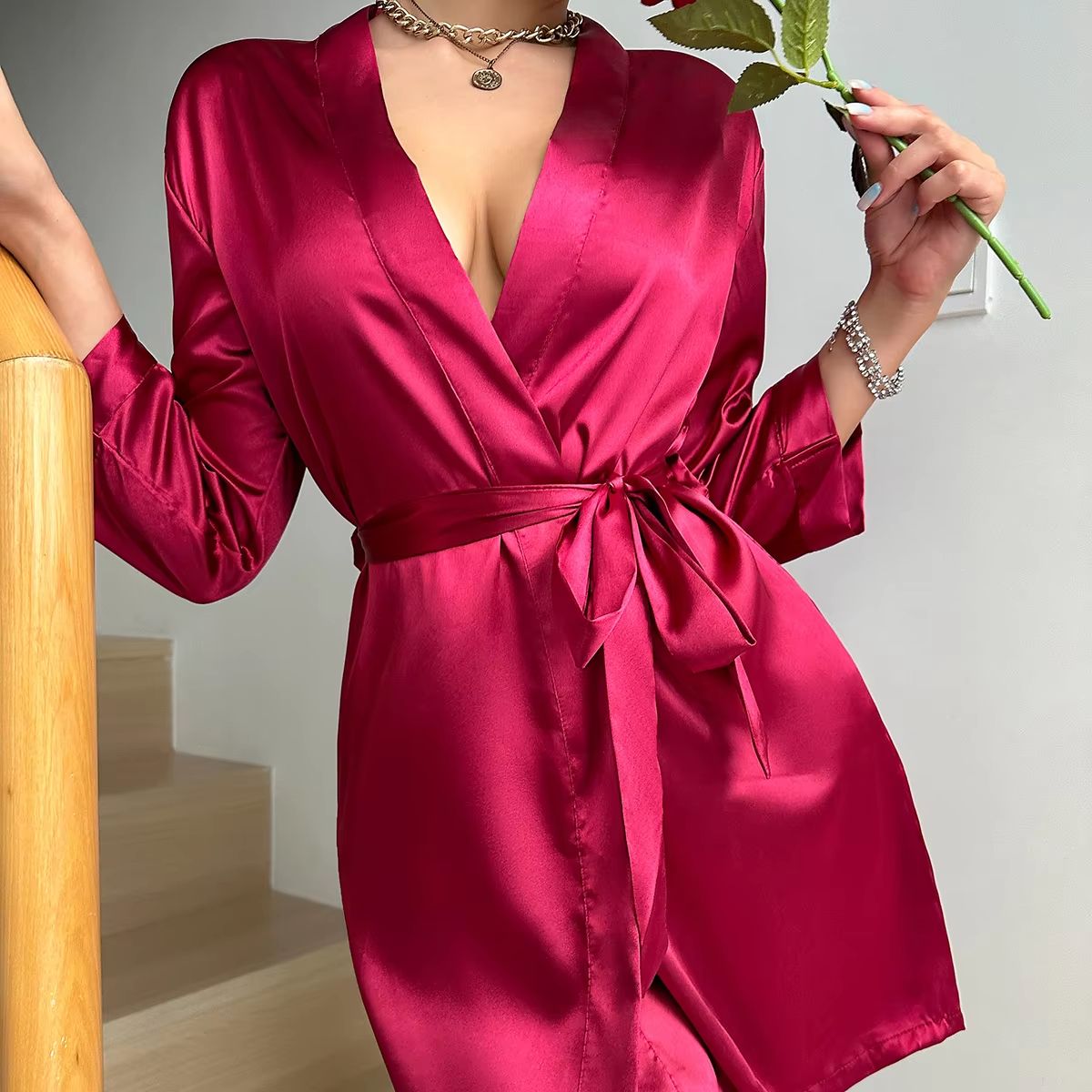 Women's Summer Ice Silk Lace-Up Home Pajama Robe