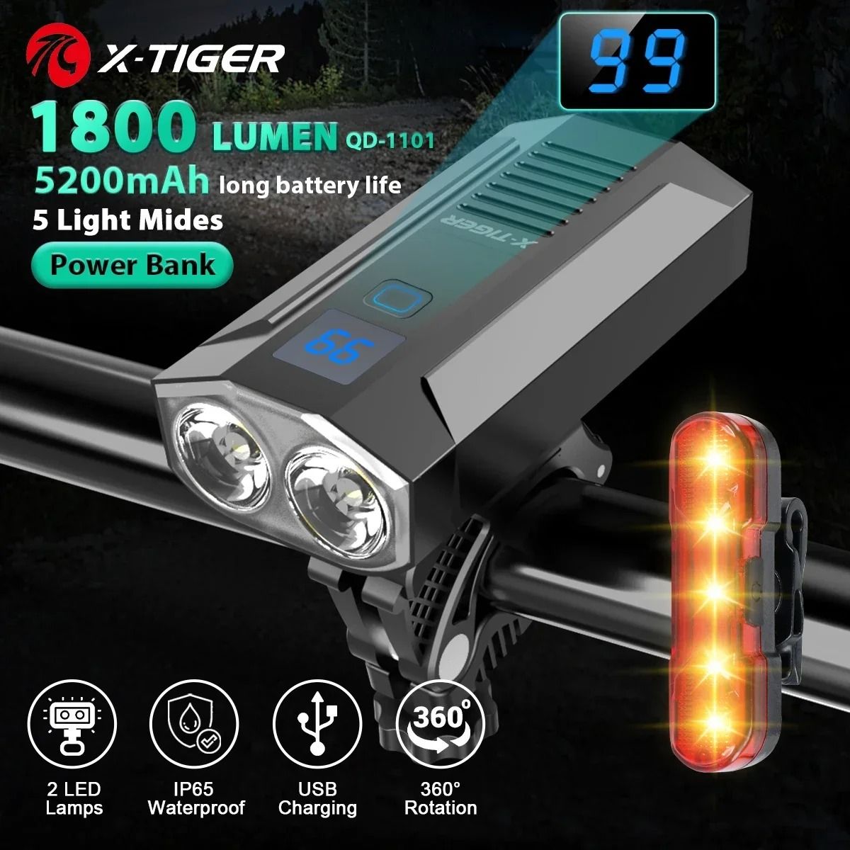 X Tiger Bike Light Headlight Bicycle Lamp with 5200mAh Power Bank