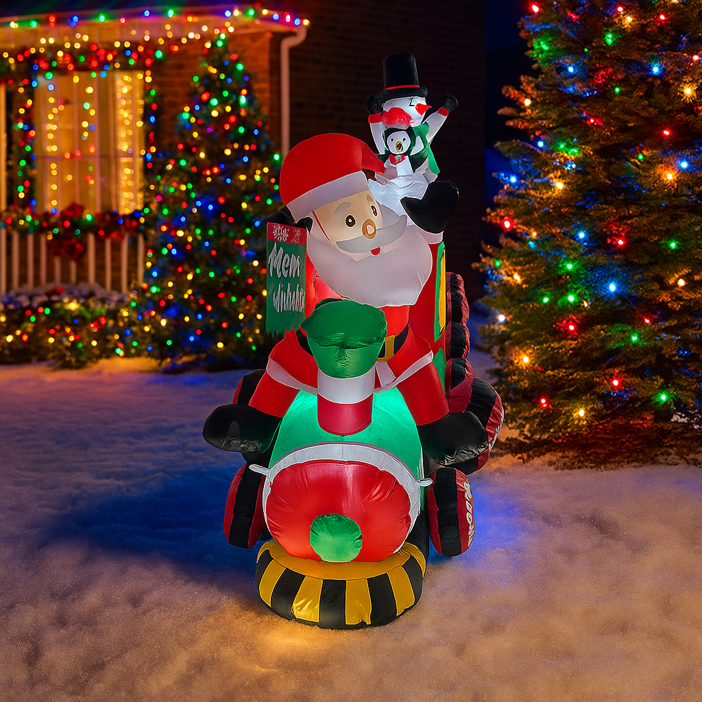 Inflatable Santa Claus Train Toys, Christmas Outdoor Party Decorations, Home Yard LED Lighted Ornaments
