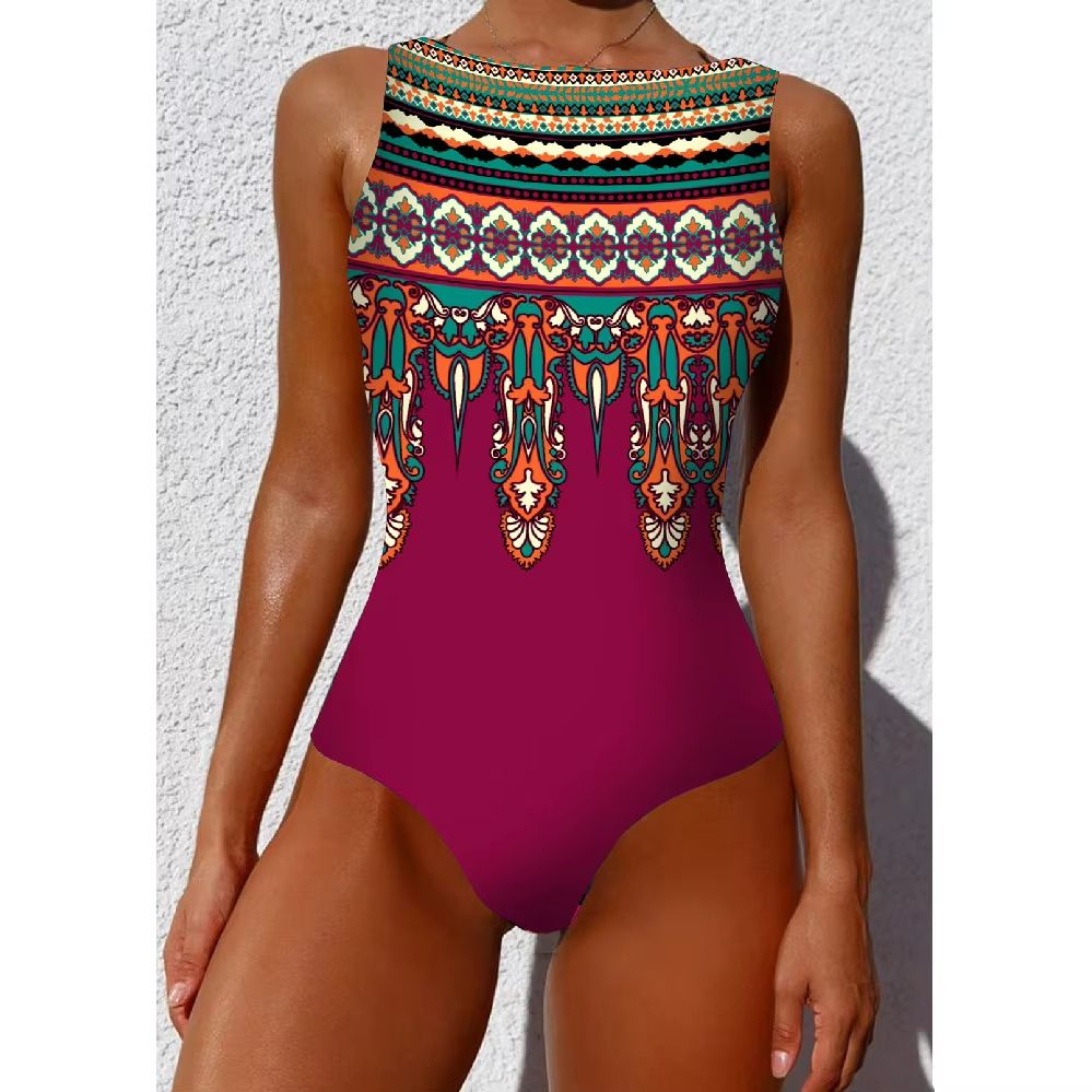 Women's Printed One-Piece Swimsuit – Push Up Lace-Up Beachwear