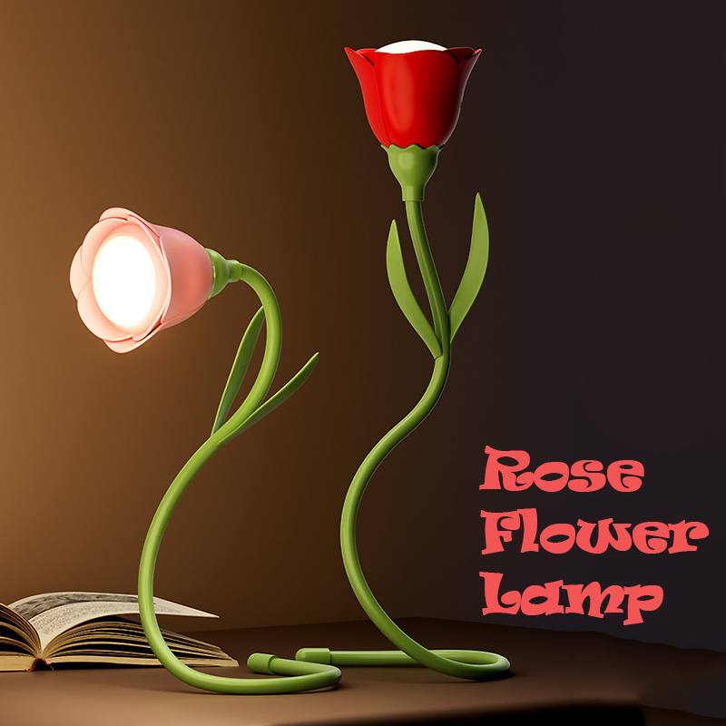 Creative Rechargeable Rose LED Desk Lamp, Bendable Dimmable Flower Night Light with Brightness Memory