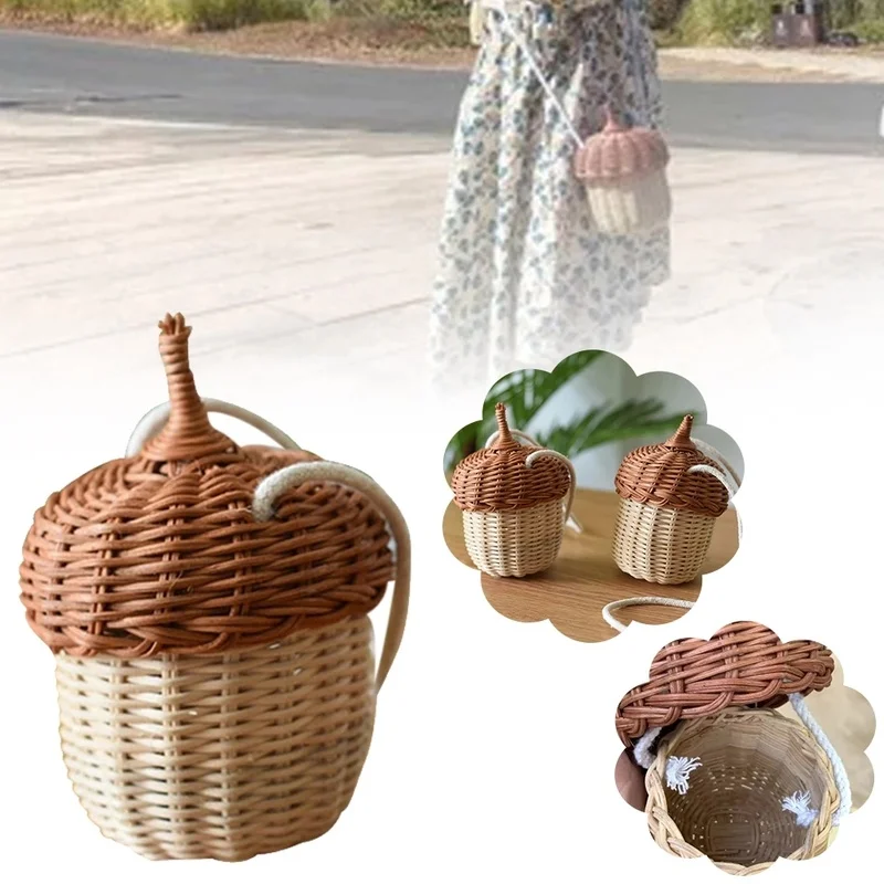 Acorn Rattan Shoulder Bag Handwoven Mini Basket Purse for Beach & Decor