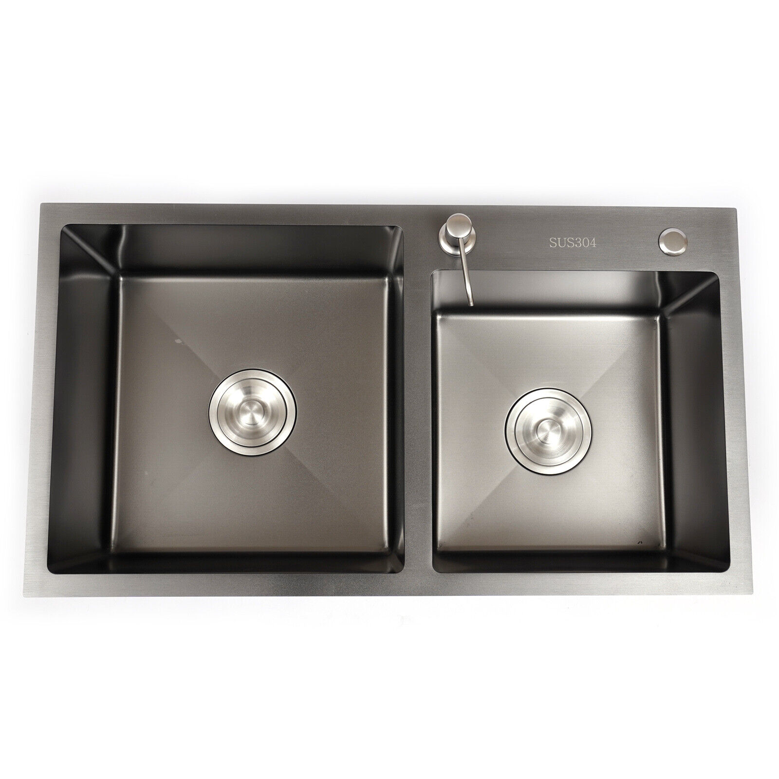 Kitchen Sink Double Bowl, Stainless Steel Inset Basket W/Drainer and Soap Dispenser