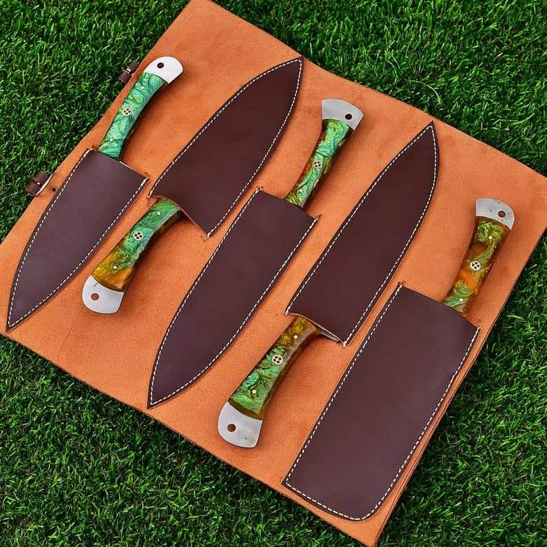 Carbon steel Chef Set Of 5 Pieces ,Custom Handmade Chef Set , Handmade Damascus Chef Set