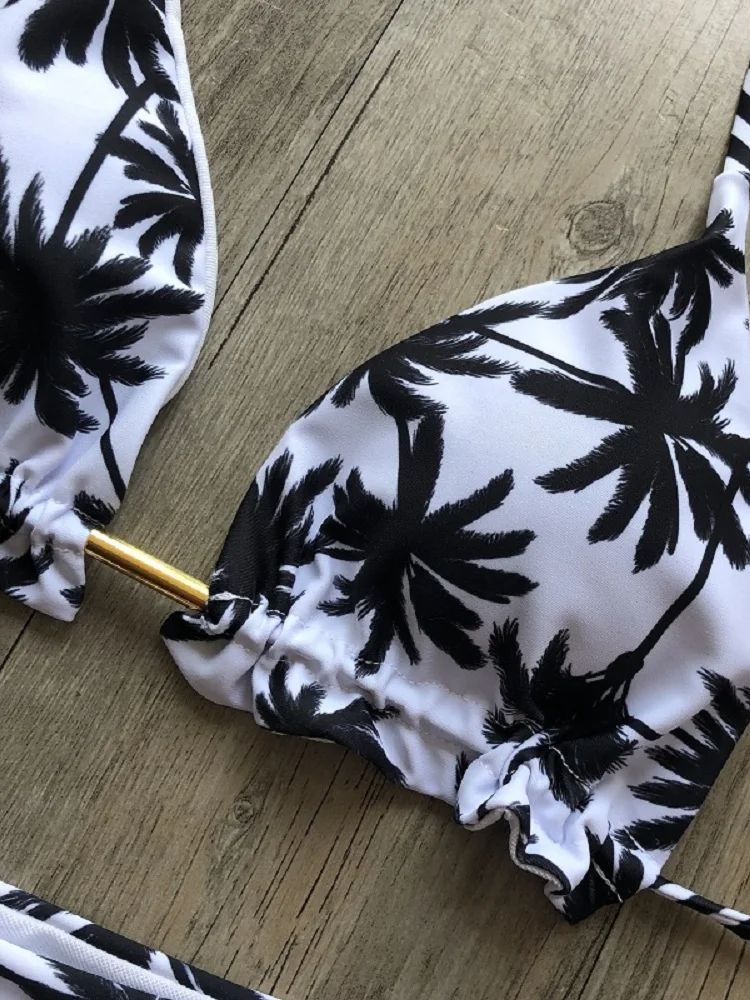 Sexy Black and White Coconut Tree Bikini Set, Women Triangle Halter Swimsuit, Brazilian Style Bathing Suit