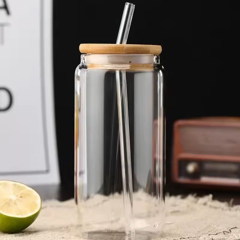 Glass Straw Cup with Dustproof Wooden Lid