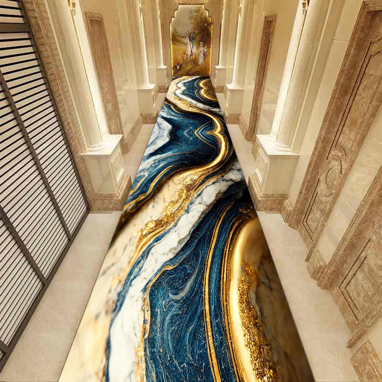 Golden Marble Runner Rug – Luxury Non-Slip Hallway & Stair Carpet