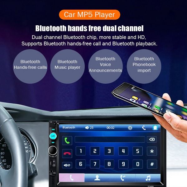 Bluetooth MP5 Car Player, Double 2 DIN Touch Screen Stereo, HD Radio with Camera, Hands-Free, Steering Wheel Control