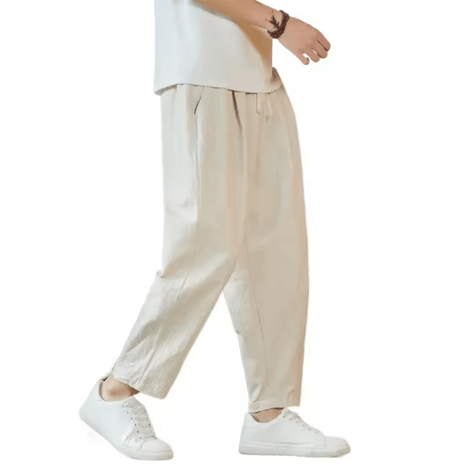 Mens Cotton Linen Casual Pants Breathable Loose Straight Leg Drawstring Streetwear Trousers