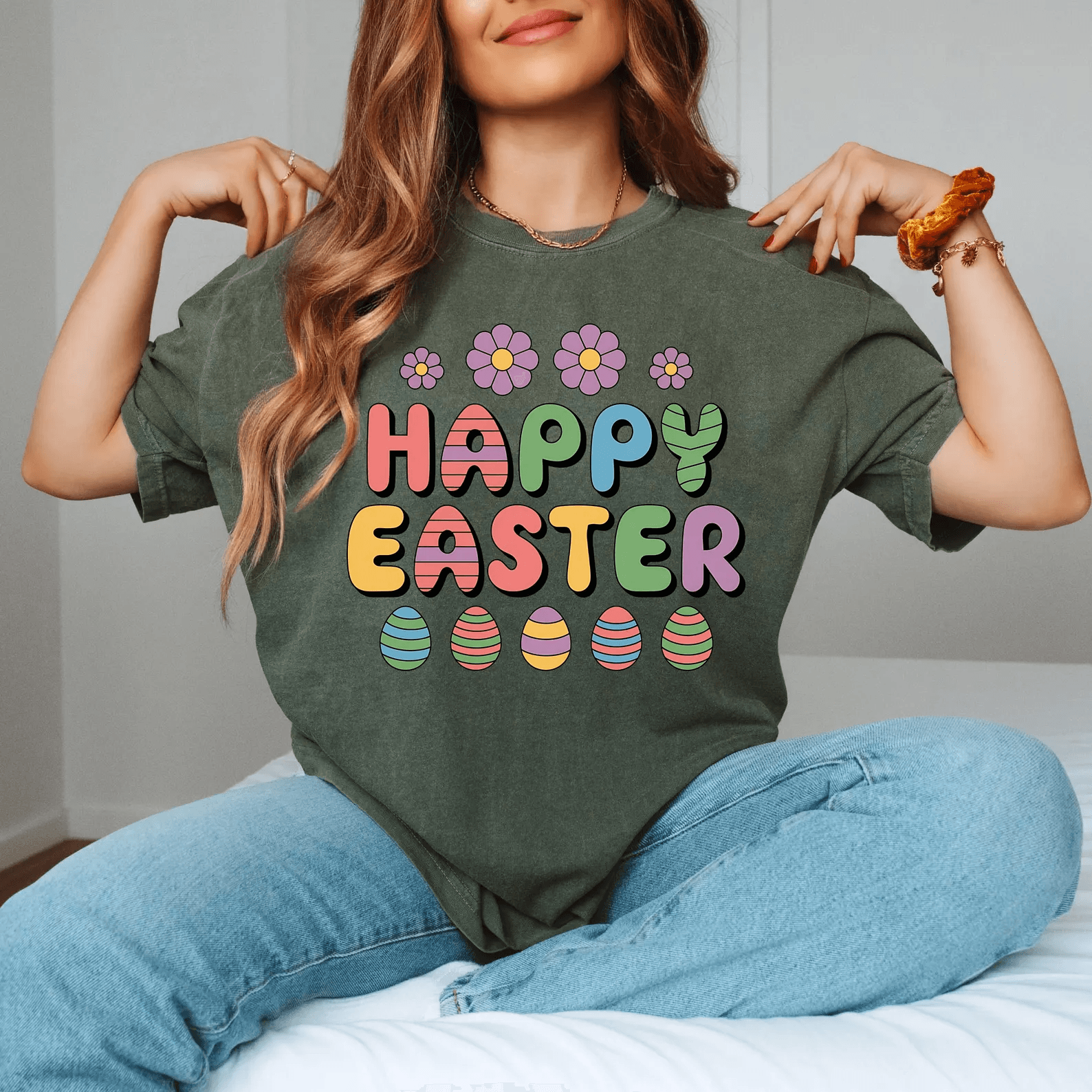 Easter Vibes Bunny Eggs Shirt – Pastel Floral Spring Graphic Tee Cute Easter Outfit for Women