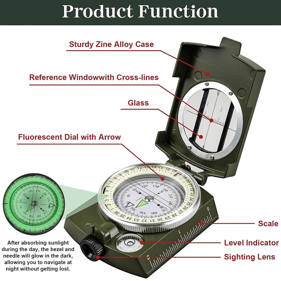 Tactical Survival Compass Waterproof Military Hiking Navigation Tool with Lensatic Sighting