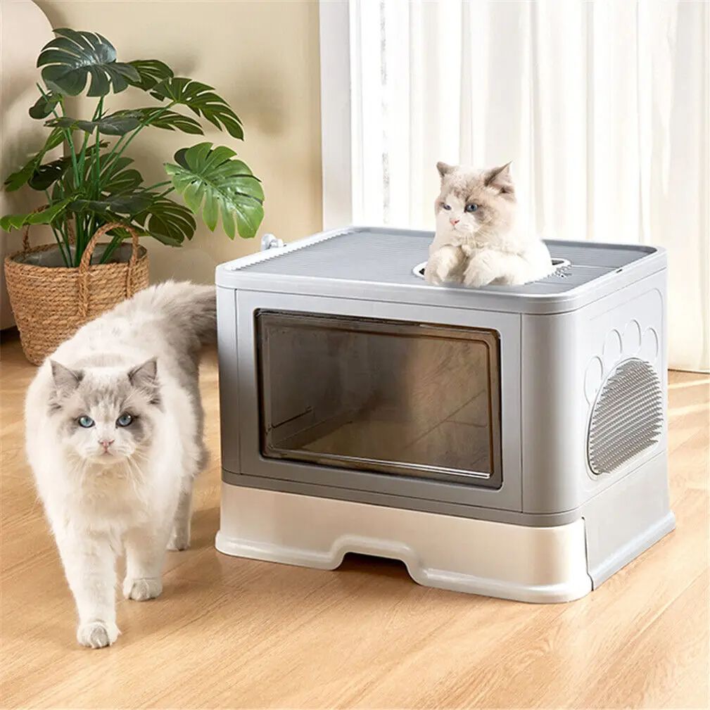 Foldable Cat Litter Box with Massager, Front Entry & Top Exit Toilet & Enclosed Litter Scoop