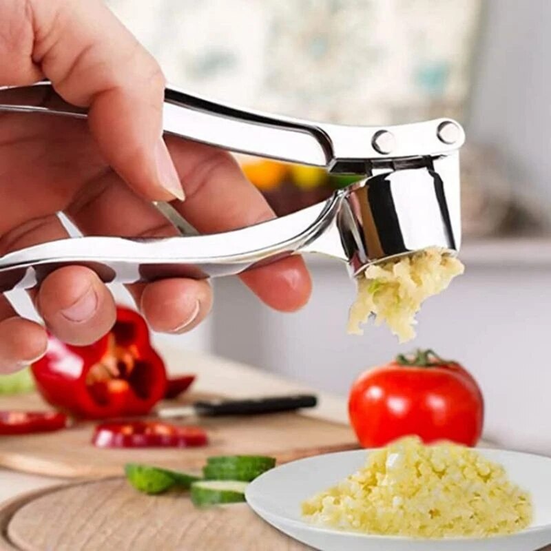 Multifunctional Stainless Steel Garlic Press, Manual Zinc Alloy Crusher with Anti-Skid Handle