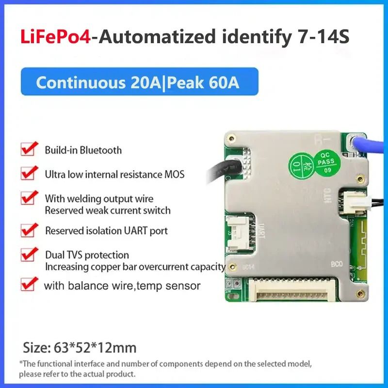 JBD Smart BMS with Built-In Bluetooth Lithium Battery Protection Board 10S–17S 24V–60V