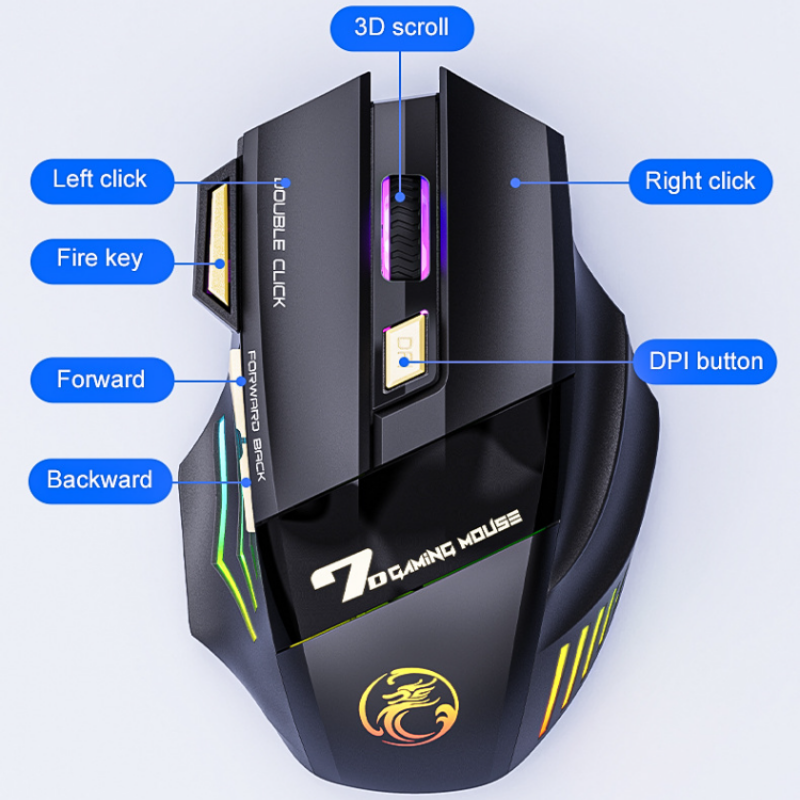 Free Silent Rechargeable 2.4G Bluetooth Wireless Gaming Mouse, Double Click, Dazzling Light, 7 Keys