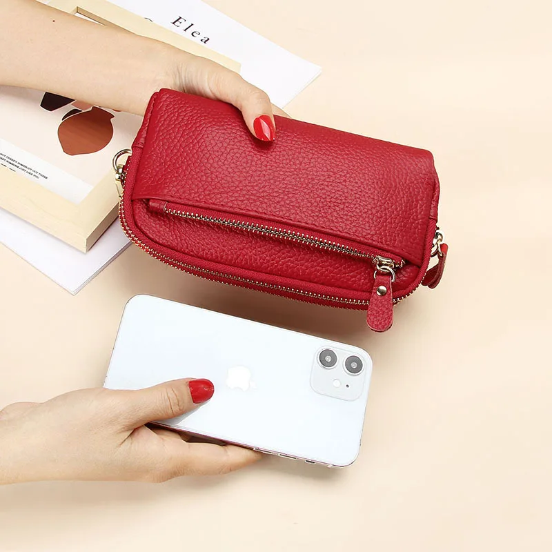 Genuine Leather Women Double Zip Wallet Cowhide Clutch Purse Wristlet Bag & Coin Purse for Mobile Phones