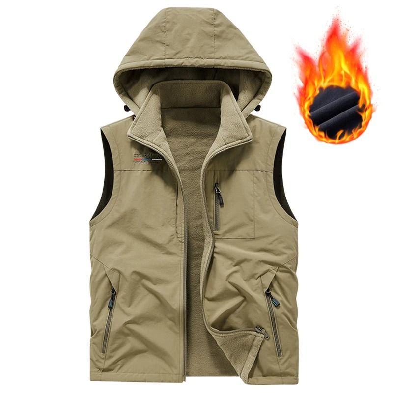 Mens Hooded Fleece Warm Vest Windproof Utility Photographer Vest