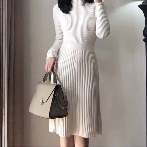 Thick Knit Autumn Winter Dress Female, Slim Long Sweater Dress Women, Slim A-line Basic Dress Casual