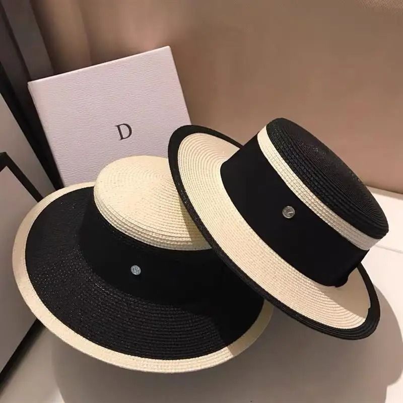 Hepburn Style Womens Flat Top Straw Hat Elegant Black White Fashion Sun Hat