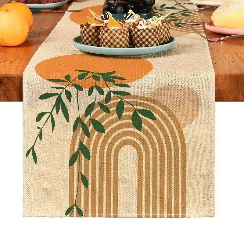 Minimalist Bohemia Plant Table Runner | Modern Linen Dining Decor (13x70 Inch)