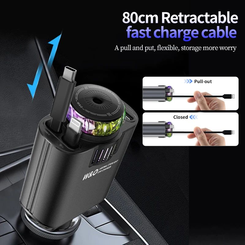Retractable Car Charger 45W PD Fast Charger with USB-C, Starlight Roof Glow & Aromatherapy