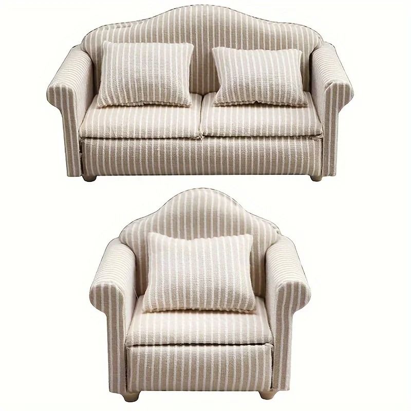 Miniature Dollhouse Sofa Set – Elegant Living Room Furniture with Pillows
