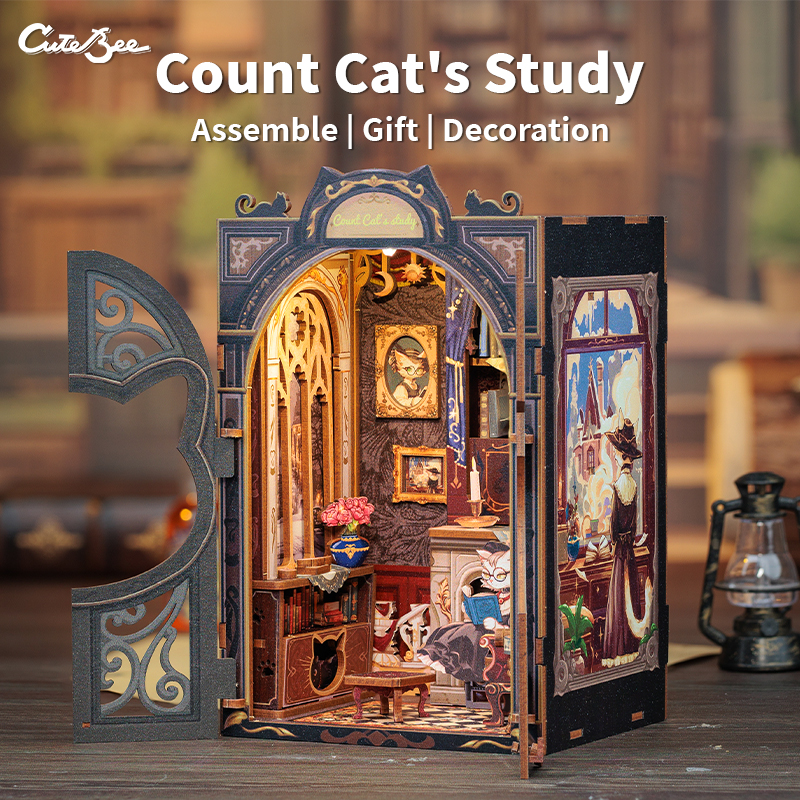 Wooden DIY Book Nook Kit, Miniature Dollhouse with Lights – 3D Puzzle Bookshelf Insert Decor – Cats Study Room