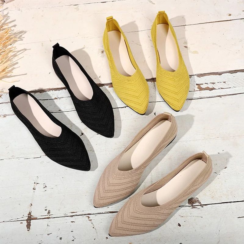 Elegant Knit Comfort Womens Pointed Toe Flats – Breathable Slip-On Ballet Loafers