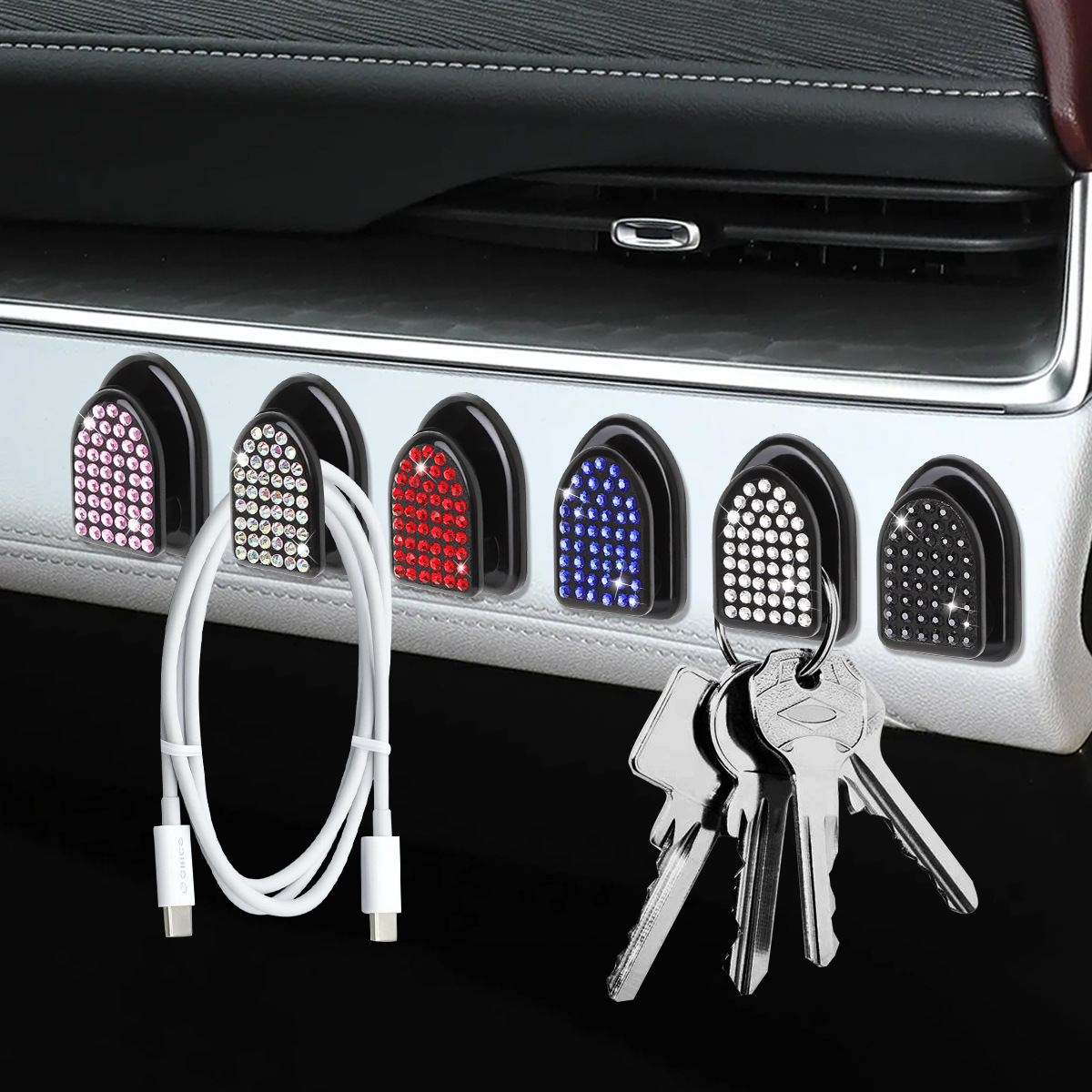 Mini Car Hooks, Creative Home Ornaments, Bling Rhinestone Crystal Hooks for Car